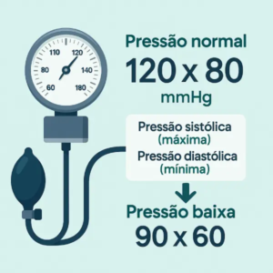 Ilustração comparando pressão normal e pressão baixa, com destaque para os valores 120x80 mmHg e 90x60 mmHg, usando esfigmomanômetro e seta para baixo indicando queda de pressão arterial.