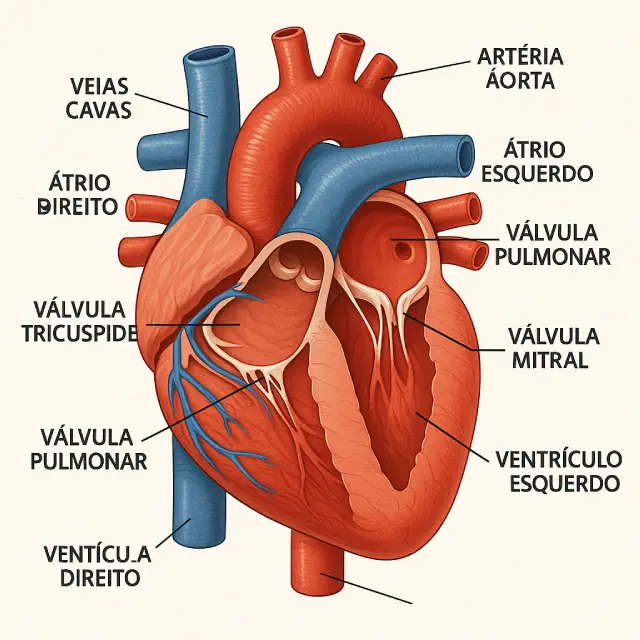 Ilustração médica detalhada do coração humano, mostrando as câmaras, válvulas e grandes vasos sanguíneos.